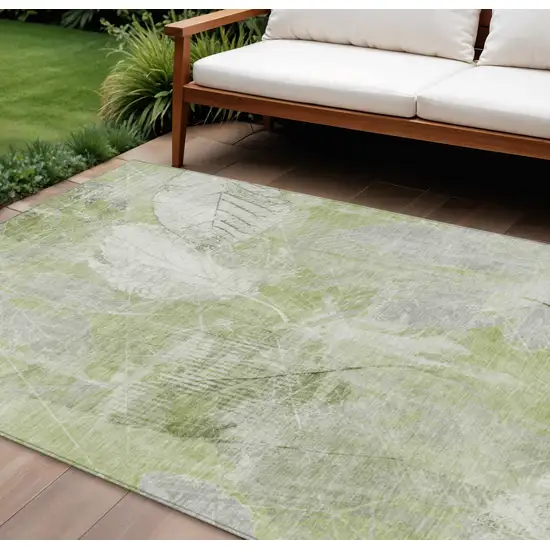 Artichoke Green And Ivory Floral Washable Indoor Outdoor Area Rug Photo 2