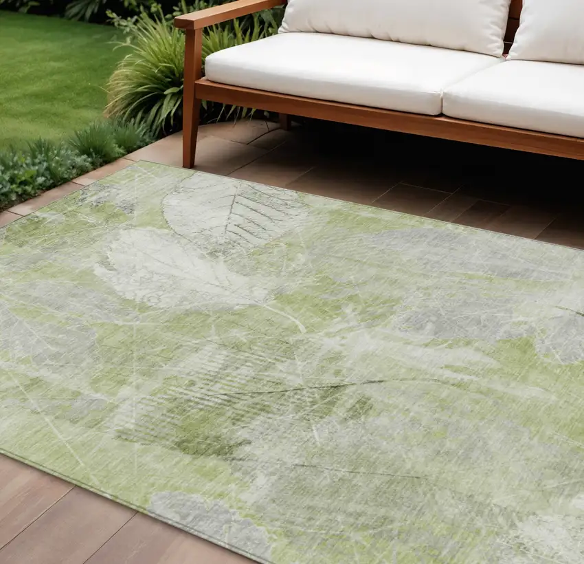 Artichoke Green And Ivory Floral Washable Indoor Outdoor Area Rug Photo 2