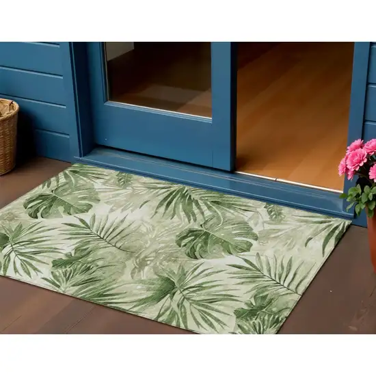 Artichoke Green And Ivory Floral Washable Indoor Outdoor Area Rug Photo 2