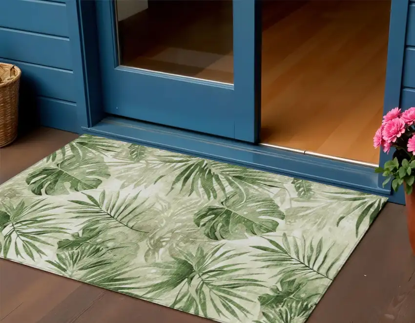 Artichoke Green And Ivory Floral Washable Indoor Outdoor Area Rug Photo 2
