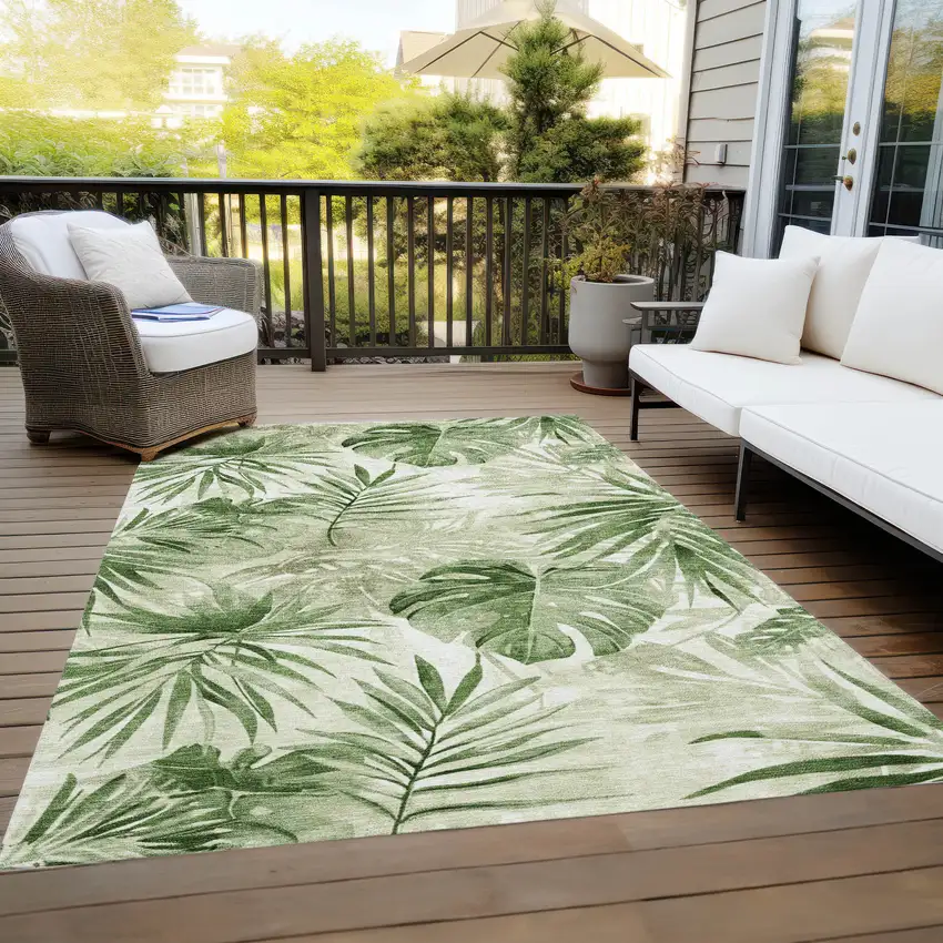 Artichoke Green And Ivory Floral Washable Indoor Outdoor Area Rug Photo 7