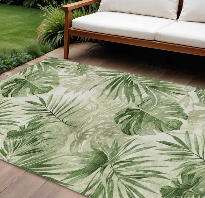 Artichoke Green And Ivory Floral Washable Indoor Outdoor Area Rug Photo 2