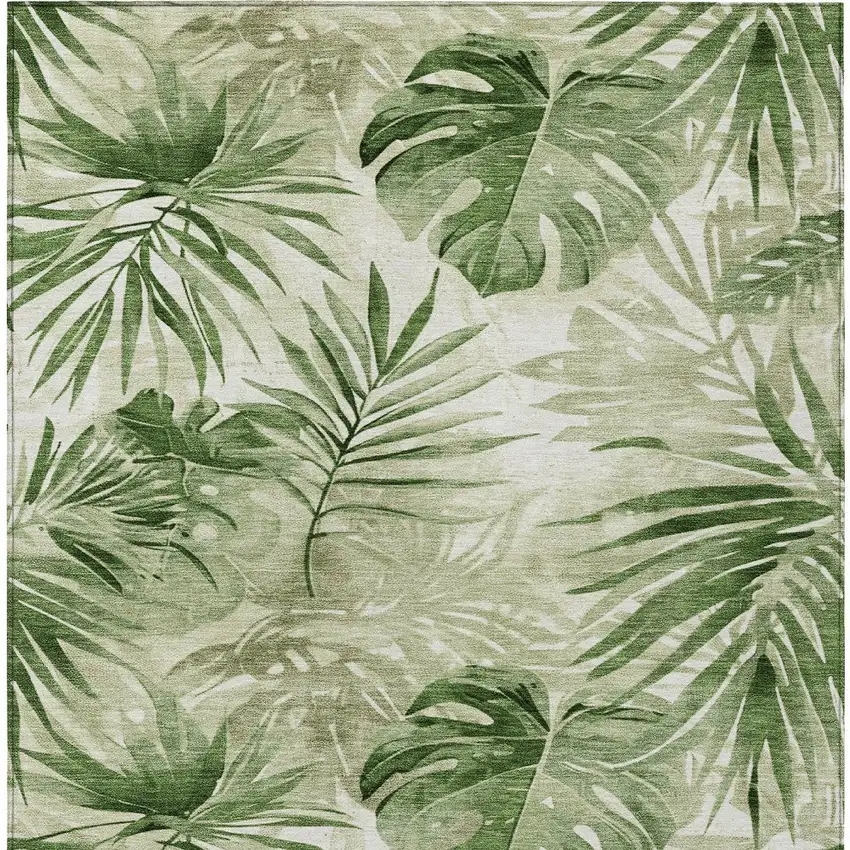 Artichoke Green And Ivory Floral Washable Indoor Outdoor Area Rug Photo 9
