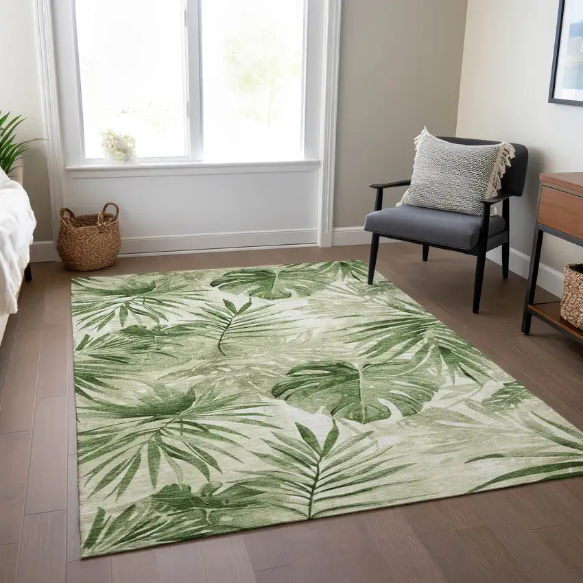 Artichoke Green And Ivory Floral Washable Indoor Outdoor Area Rug Photo 6