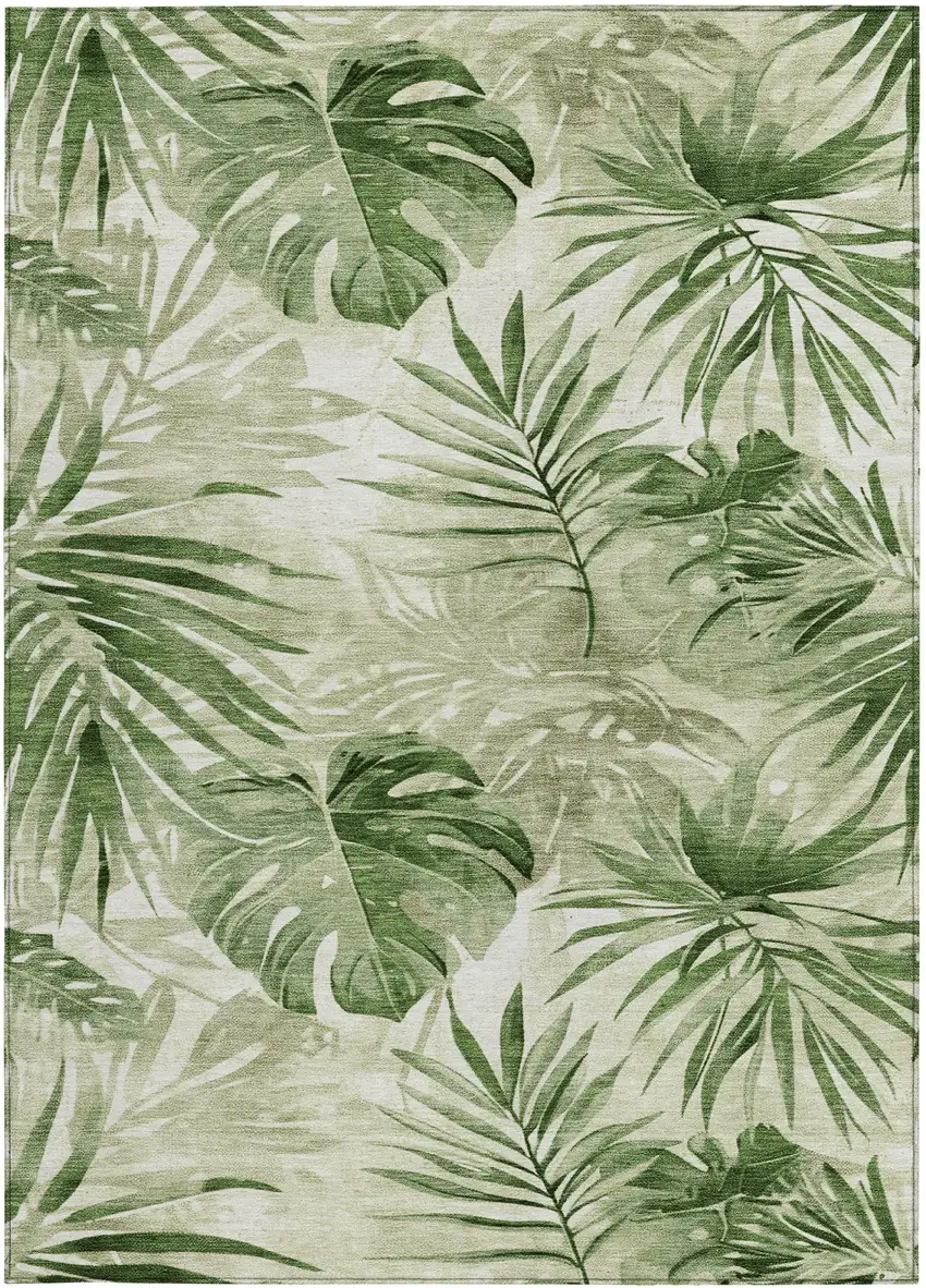 Artichoke Green And Ivory Floral Washable Indoor Outdoor Area Rug Photo 1