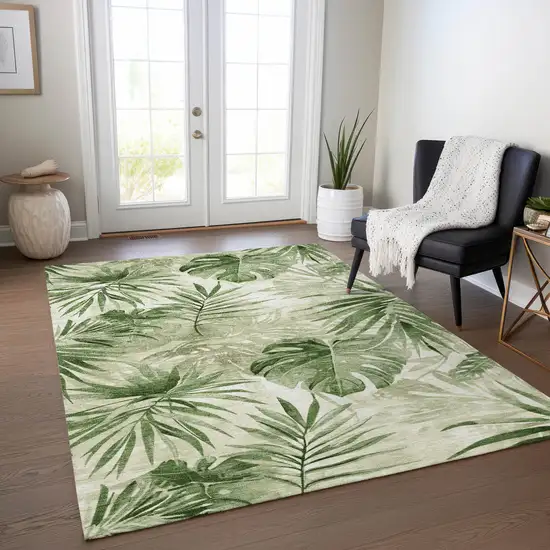 Artichoke Green And Ivory Floral Washable Indoor Outdoor Area Rug Photo 5
