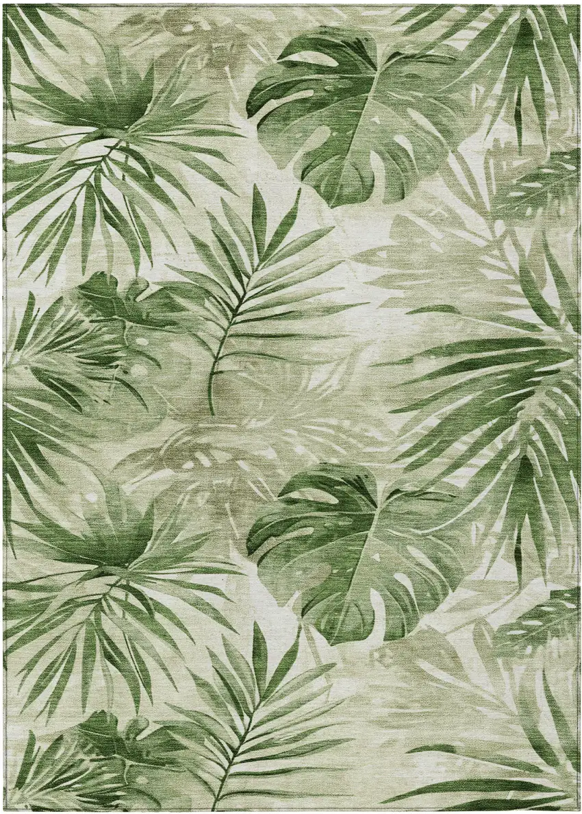 Artichoke Green And Ivory Floral Washable Indoor Outdoor Area Rug Photo 1