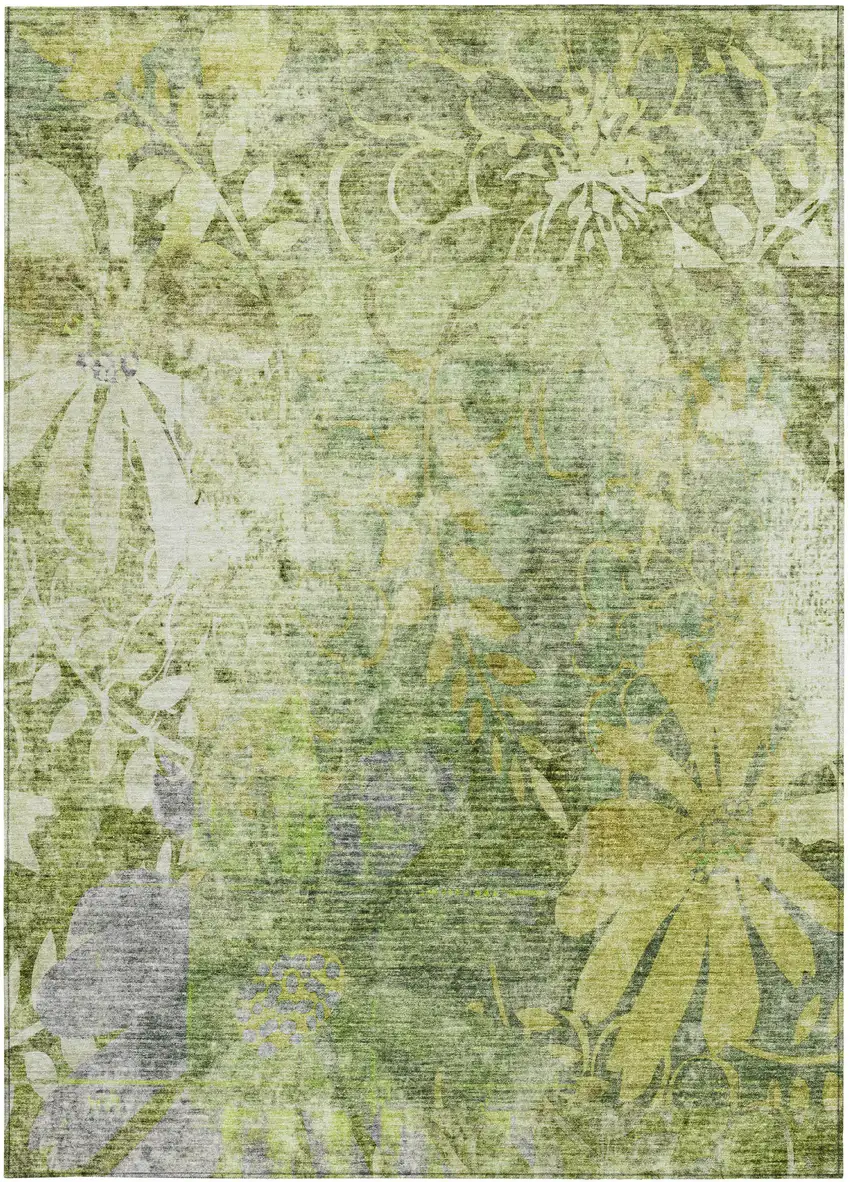 Artichoke Green And Ivory Floral Washable Indoor Outdoor Area Rug Photo 5