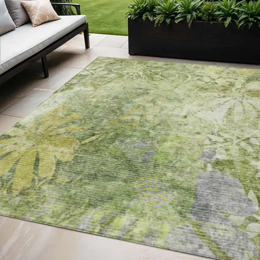 Artichoke Green And Ivory Floral Washable Indoor Outdoor Area Rug Photo 1