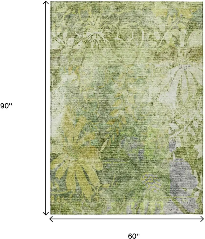 Artichoke Green And Ivory Floral Washable Indoor Outdoor Area Rug Photo 3