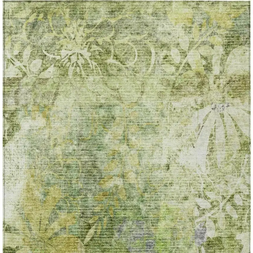 Artichoke Green And Ivory Floral Washable Indoor Outdoor Area Rug Photo 4