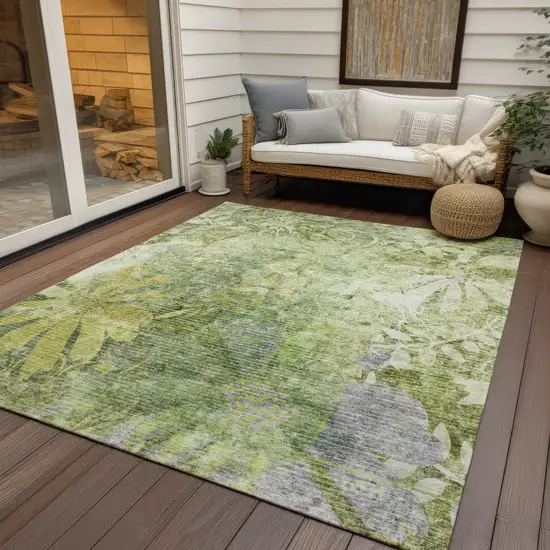 Artichoke Green And Ivory Floral Washable Indoor Outdoor Area Rug Photo 9