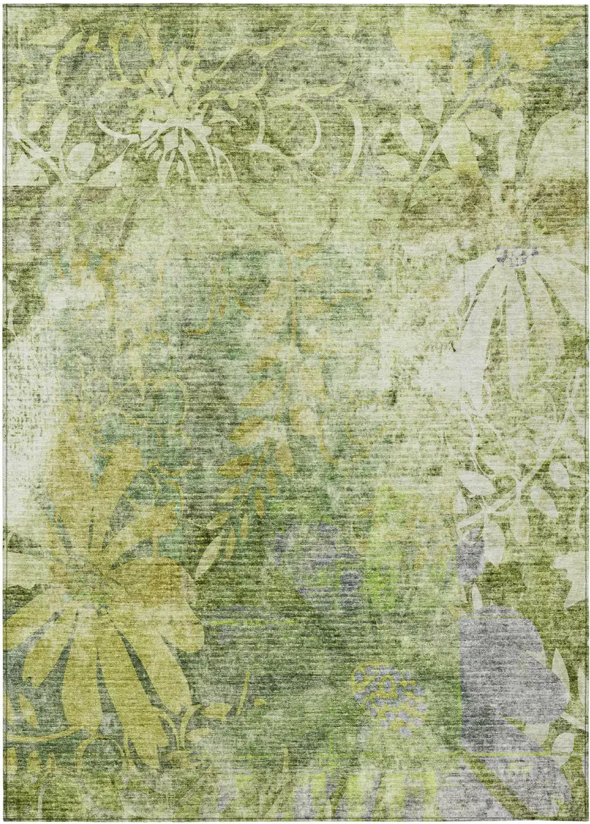 Artichoke Green And Ivory Floral Washable Indoor Outdoor Area Rug Photo 2