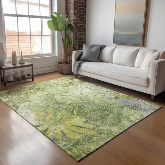 Artichoke Green And Ivory Floral Washable Indoor Outdoor Area Rug Photo 8