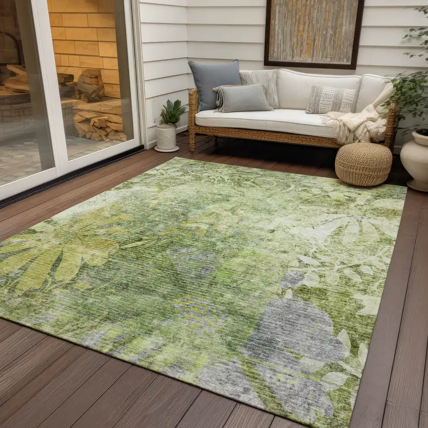 Artichoke Green And Ivory Floral Washable Indoor Outdoor Area Rug Photo 9