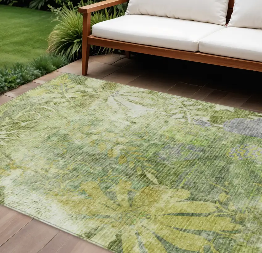 Artichoke Green And Ivory Floral Washable Indoor Outdoor Area Rug Photo 1