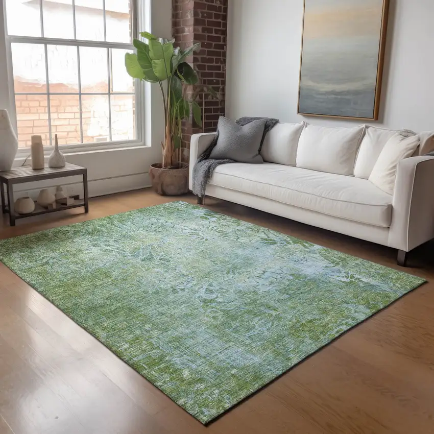 Artichoke Green And Ivory Floral Washable Indoor Outdoor Area Rug Photo 9