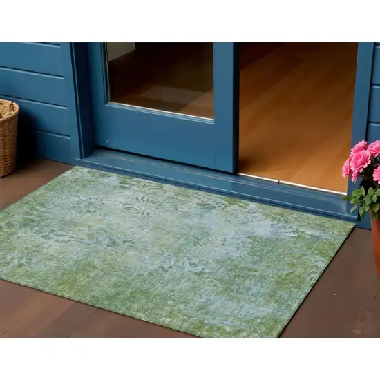Artichoke Green And Ivory Floral Washable Indoor Outdoor Area Rug Photo 1