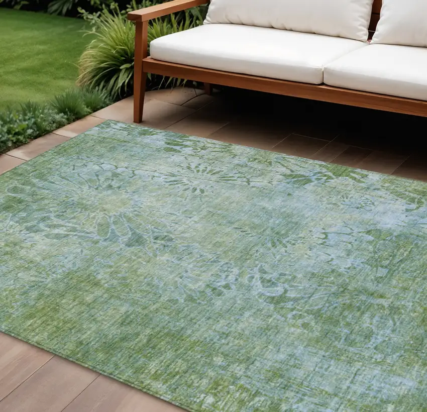 Artichoke Green And Ivory Floral Washable Indoor Outdoor Area Rug Photo 1