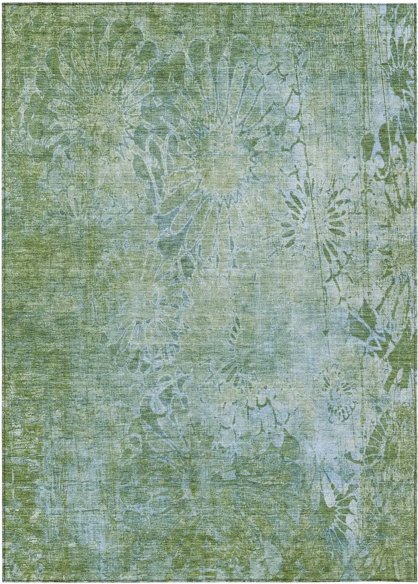 Artichoke Green And Ivory Floral Washable Indoor Outdoor Area Rug Photo 2