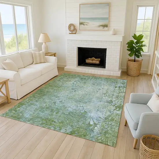 Artichoke Green And Ivory Floral Washable Indoor Outdoor Area Rug Photo 7