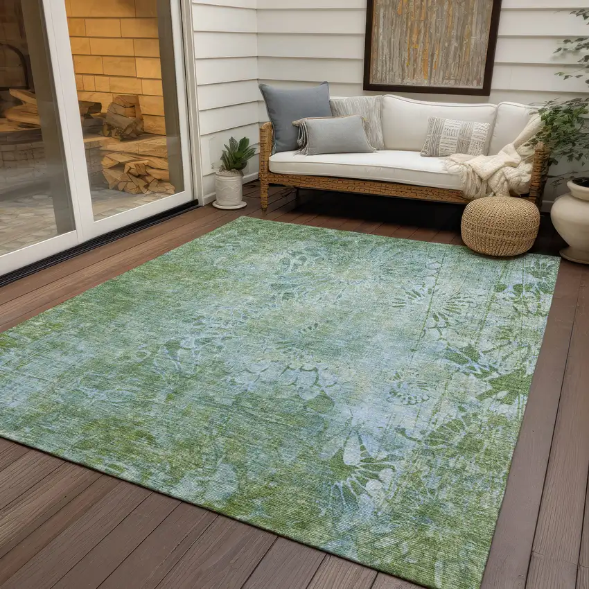 Artichoke Green And Ivory Floral Washable Indoor Outdoor Area Rug Photo 9