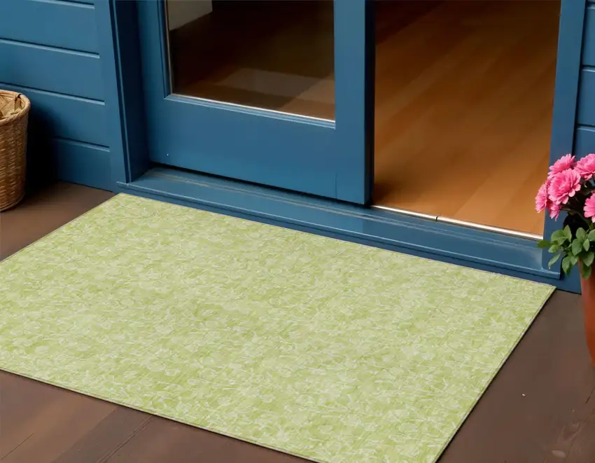Artichoke Green And Ivory Floral Washable Indoor Outdoor Area Rug Photo 1