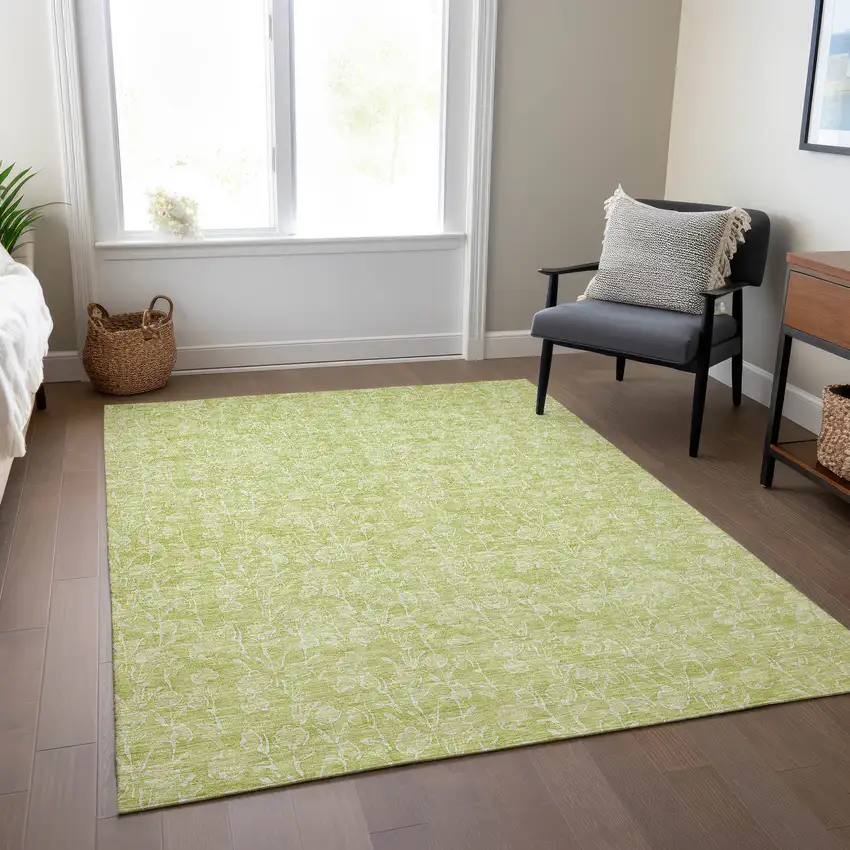 Artichoke Green And Ivory Floral Washable Indoor Outdoor Area Rug Photo 8