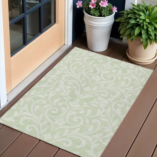 Artichoke Green And Ivory Floral Washable Indoor Outdoor Area Rug Photo 1