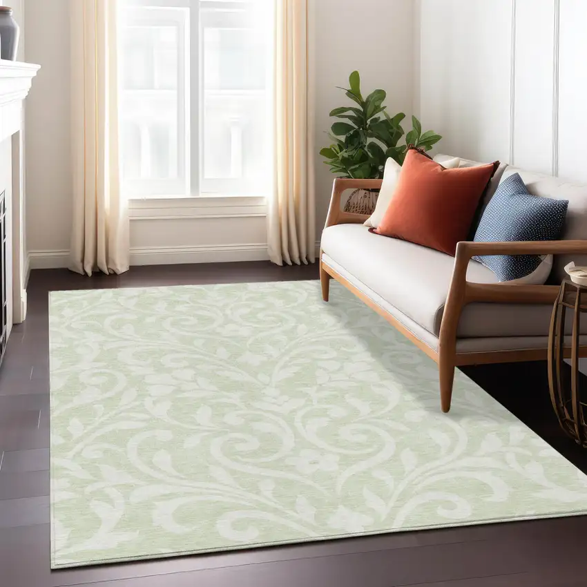 Artichoke Green And Ivory Floral Washable Indoor Outdoor Area Rug Photo 9