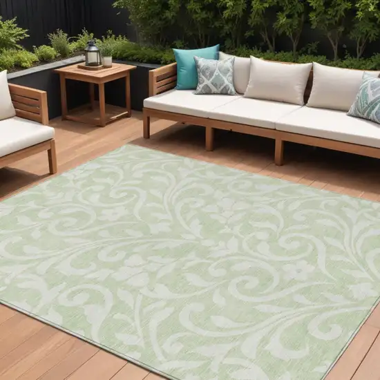 Artichoke Green And Ivory Floral Washable Indoor Outdoor Area Rug Photo 1