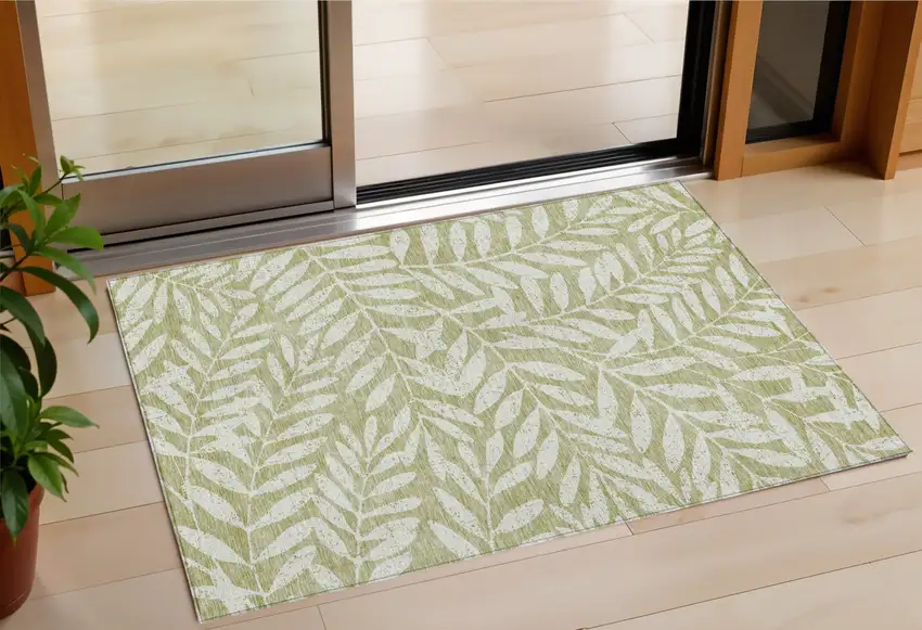Artichoke Green And Ivory Floral Washable Indoor Outdoor Area Rug Photo 1