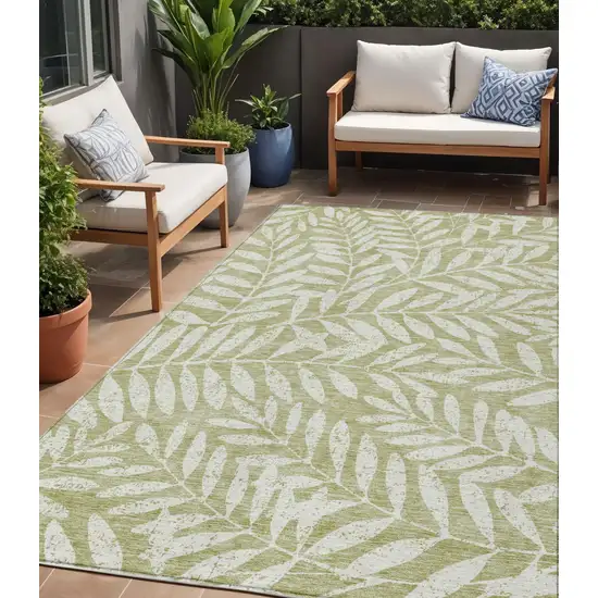 Artichoke Green And Ivory Floral Washable Indoor Outdoor Area Rug Photo 1