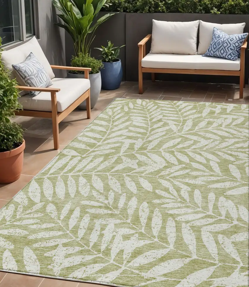 Artichoke Green And Ivory Floral Washable Indoor Outdoor Area Rug Photo 1
