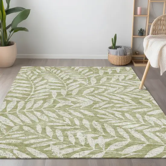 Artichoke Green And Ivory Floral Washable Indoor Outdoor Area Rug Photo 9