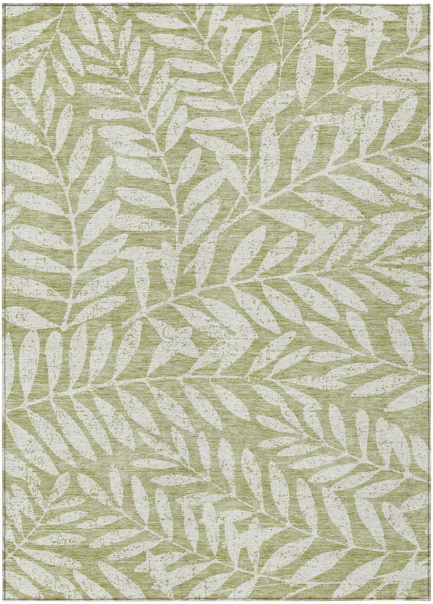 Artichoke Green And Ivory Floral Washable Indoor Outdoor Area Rug Photo 2