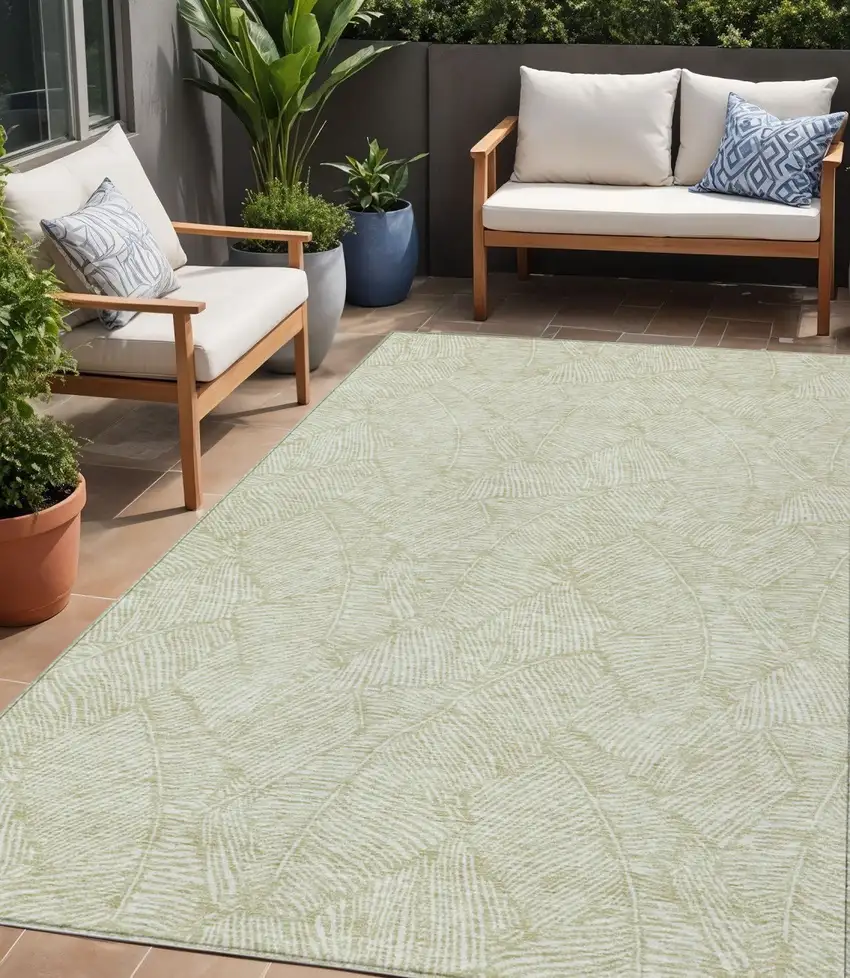 Artichoke Green And Ivory Floral Washable Indoor Outdoor Area Rug Photo 1