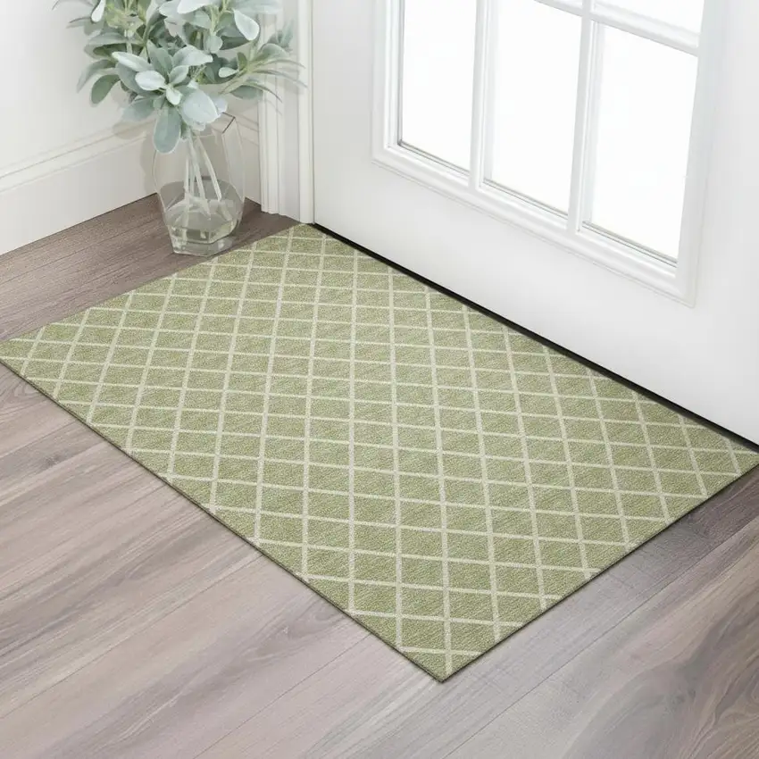 Artichoke Green And Ivory Geometric Washable Area Rug With UV Protection Photo 1
