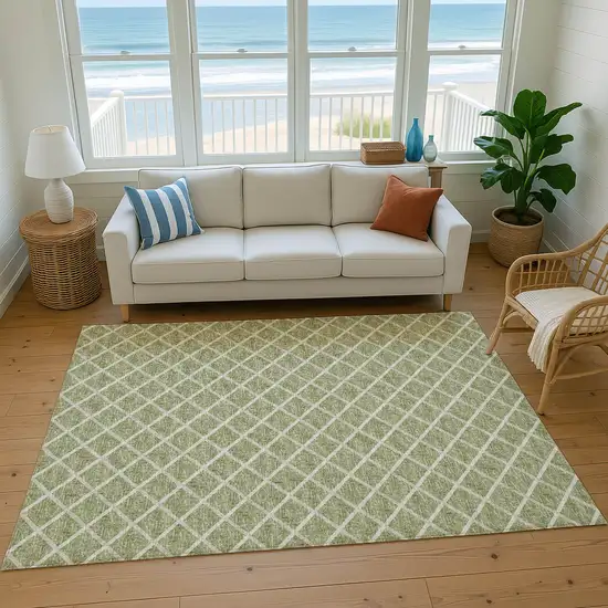 Artichoke Green And Ivory Geometric Washable Area Rug With UV Protection Photo 7