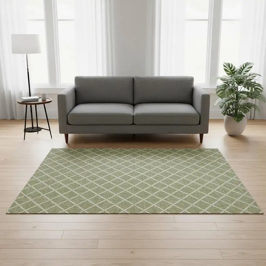 Artichoke Green And Ivory Geometric Washable Area Rug With UV Protection Photo 1