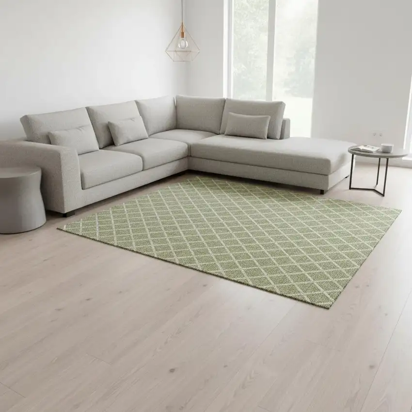 Artichoke Green And Ivory Geometric Washable Area Rug With UV Protection Photo 1