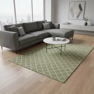 Photo of Artichoke Green And Ivory Geometric Washable Area Rug With UV Protection