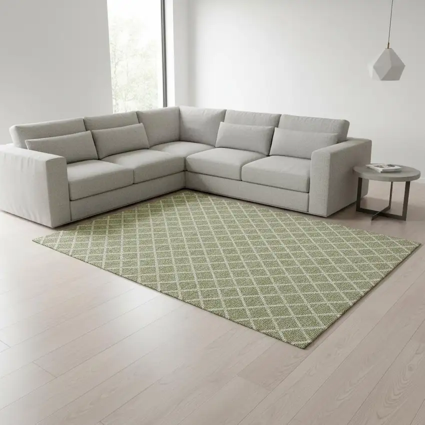 Artichoke Green And Ivory Geometric Washable Area Rug With UV Protection Photo 1