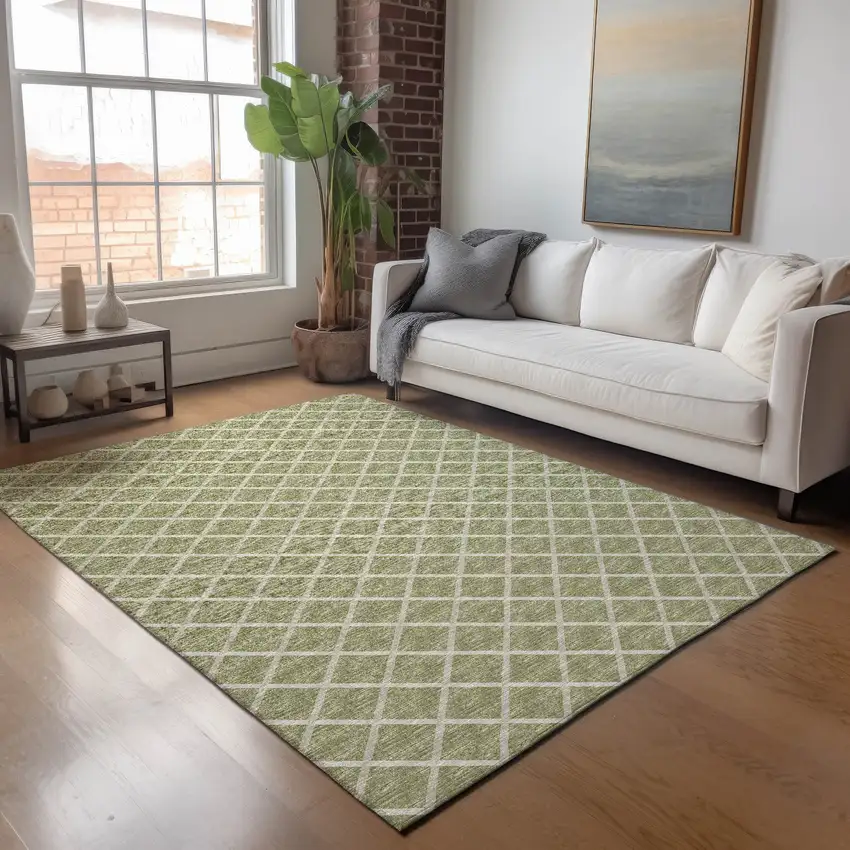 Artichoke Green And Ivory Geometric Washable Area Rug With UV Protection Photo 4