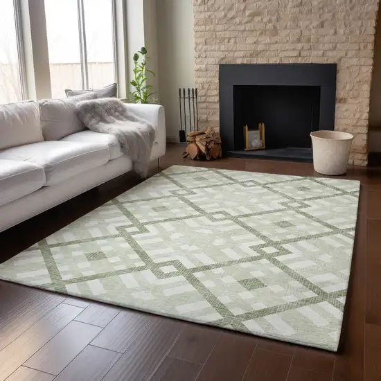 Artichoke Green And Ivory Geometric Washable Area Rug With UV Protection Photo 5