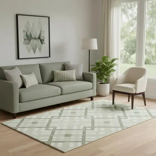 Artichoke Green And Ivory Geometric Washable Area Rug With UV Protection Photo 1