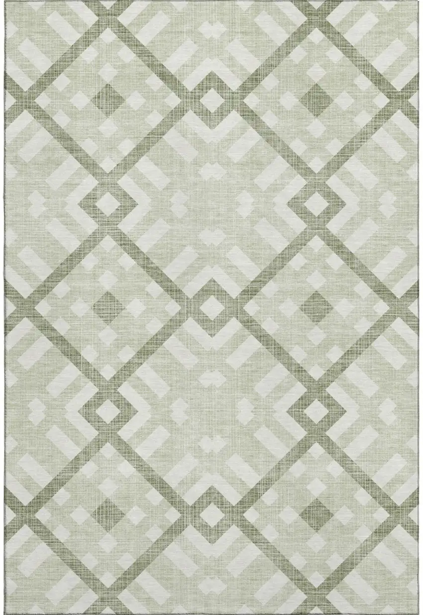 Artichoke Green And Ivory Geometric Washable Area Rug With UV Protection Photo 1