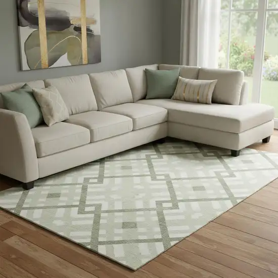 Artichoke Green And Ivory Geometric Washable Area Rug With UV Protection Photo 1