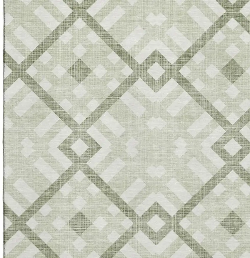 Artichoke Green And Ivory Geometric Washable Area Rug With UV Protection Photo 3