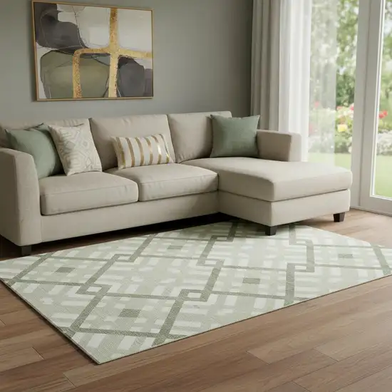 Artichoke Green And Ivory Geometric Washable Area Rug With UV Protection Photo 1